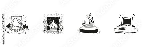 Outdoor Stage And Platform Icons Set In Doodle Style. Event Venue, Performance Space, And Nature Integration Sketch Collection. Hand Drawn Isolated Vector Illustration