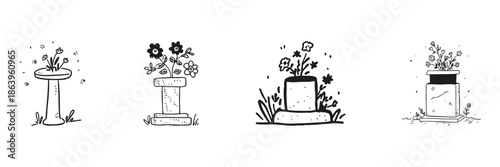 Garden Pedestal Planters With Flowers Set In Doodle Style. Decorative Outdoor Plant Display And Landscaping Elements Sketch Collection. Hand Drawn Isolated Vector Illustration