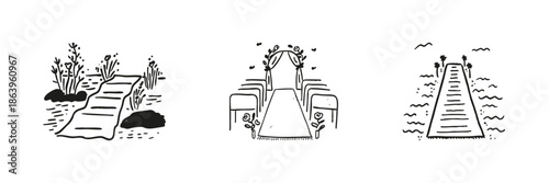 Pathway And Aisle Illustrations Set In Doodle Style. Nature Walkway, Wedding Ceremony, And Ocean Pier Sketch Collection. Scenic Routes And Event Venues. Hand Drawn Isolated Vector Illustration