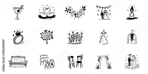 Wedding Celebration Icon Set In Doodle Style. Romantic Symbols, Ceremony Elements, And Marriage Themes Sketch Collection. Hand Drawn Isolated Vector Illustration