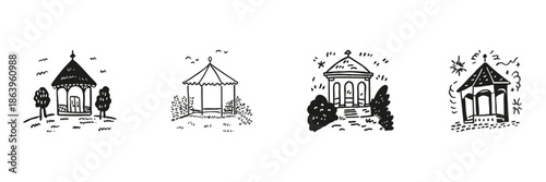 Gazebo And Pavilion Illustrations Set In Doodle Style. Outdoor Relaxation, Garden Structures, And Scenic Views Sketch Collection. Hand Drawn Isolated Vector Illustration