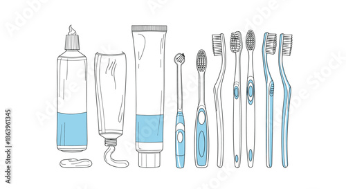 Detailed dental hygiene kit illustration featuring various toothbrushes, toothpaste tubes, and mouthwash with subtle blue color accents.