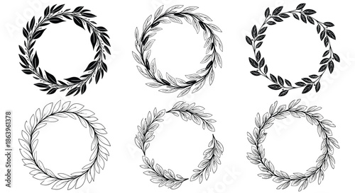 Collection of six circular leaf wreaths in various black and white styles, perfect for logos, frames, and elegant decorative borders.