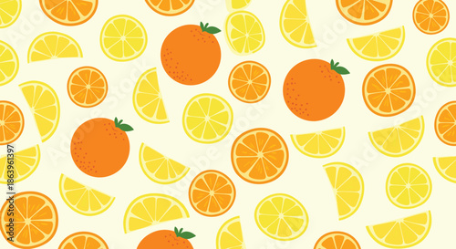Bright and refreshing seamless pattern featuring whole oranges and slices of lemons and oranges on a pale cream background.