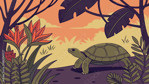 Vector illustration of a turtle walking on a tropical forest path surrounded by lush greenery and vibrant flowers at sunset