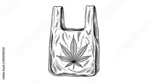 Hand-drawn sketch of a plastic shopping bag featuring a large cannabis leaf symbol in the center to represent medical marijuana or hemp products.