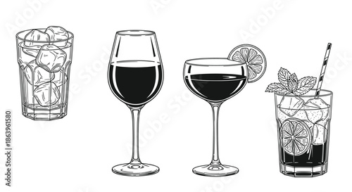 Four different cocktail and wine glasses filled with drinks, ice, and garnishes illustrated in black and white line art style for menu design.