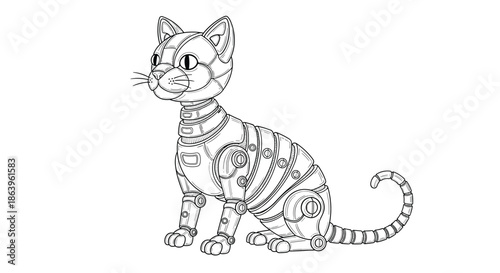 Detailed black and white line art illustration of a robotic cat sitting in profile view with visible mechanical plates and joints for futuristic art.