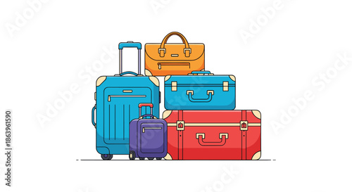 Collection of colorful travel suitcases and bags in various sizes stacked together including a backpack and a rolling luggage for vacation planning.