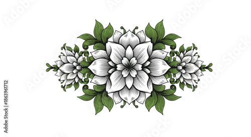 Symmetrical botanical art featuring large white blossoms and lush green leaves in an intricate hand drawn vintage illustration style.