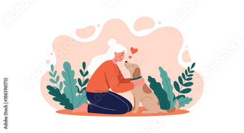 Heartwarming flat illustration of a young woman kneeling down to pet and bond with her loyal dog surrounded by green plants.