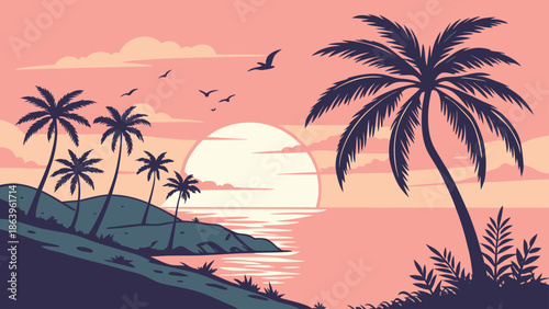 Tropical Sunset Landscape with Sailboat, Palm Trees, and Ocean Bay