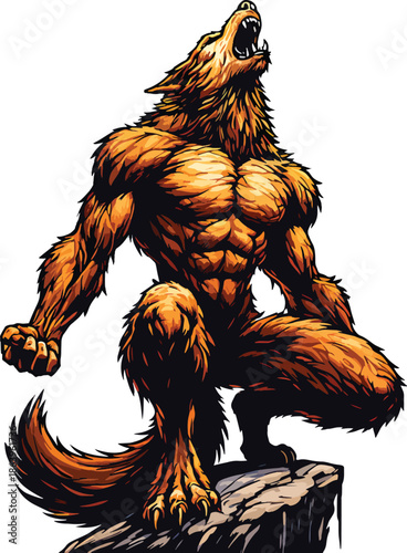 Powerful Werewolf Howling on Rock, Muscular Wolf Man Fantasy Creature Vector Illustration for Mascot, T Shirt, Tattoo, Gaming and Dark Fantasy Artwork