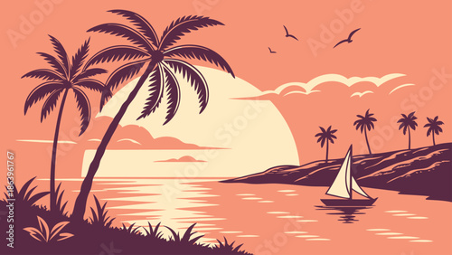  Tropical Sunset Landscape with Palm Trees. Vibrant Ocean Horizon and Island Coastline at Dusk. Flat Vector Beach Illustration.