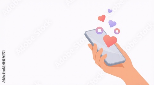 Flat vector illustration showing hand with smartphone and floating heart notification symbols. Modern editorial style ideal for social media marketing, digital lifestyle content, and presentations