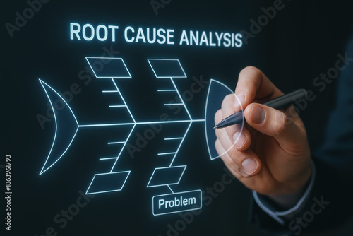 Root cause analysis problem fishbone ishikawa | glowing fishbone diagram on dark glass with poised hand to trace problem origin focused and analytical conveying urgency and clarity