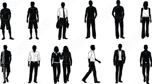 Set of modern human silhouettes in casual and business outfits, standing and walking male female people figures isolated black vector