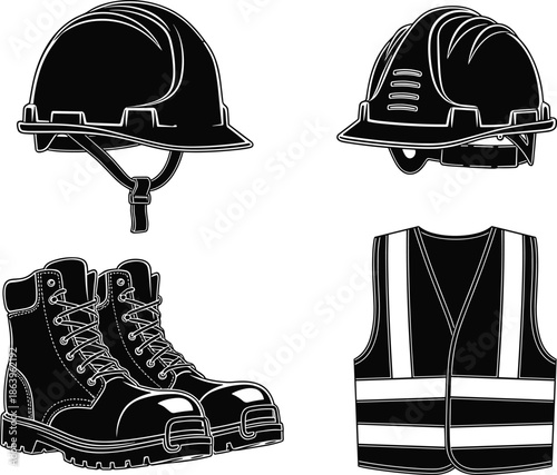 Construction safety equipment silhouettes set with hard hats, protective boots, and reflective vest, industrial workwear icons isolated black vector