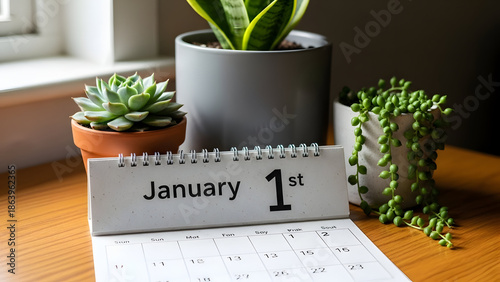 Calendar displaying january 1st with succulent plants and greenery indoor environment