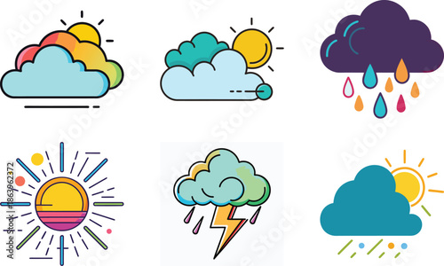 Cute Hand-Drawn Weather Icon Set: Sunny Rainbow Clouds, Partly Cloudy, Rainy Storm, Sunrise, Thunderstorm Lightning, Light Rain Doodle Illustrations PNG Transparent Background