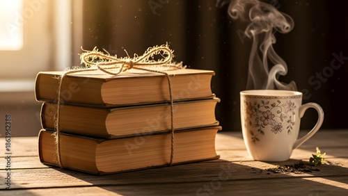 Stack of old books tied with rope beside cup with steam daylight indoors