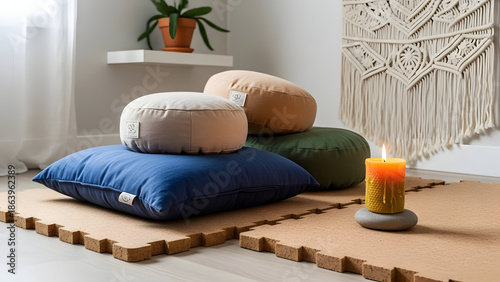 Zen like meditation setting with cushions and candle for relaxation and well being