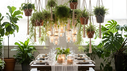 Elegant dining table setting with hanging potted plants and candlelight decorations
