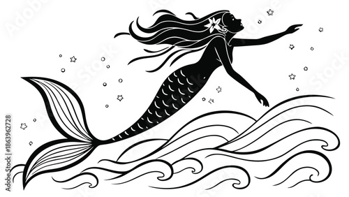 Stylized Mermaid Illustration Rising from Ocean Waves with Floral Detail