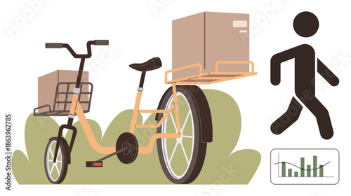 E-commerce, sustainable delivery, logistics, shipping services, urban mobility, business solutions. Cargo bicycle with packages, walking person data chart. Sustainable delivery and logistics concept
