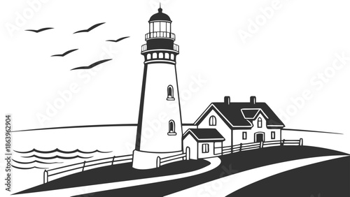 Coastal Lighthouse with Keeper's House and Ocean View Illustration