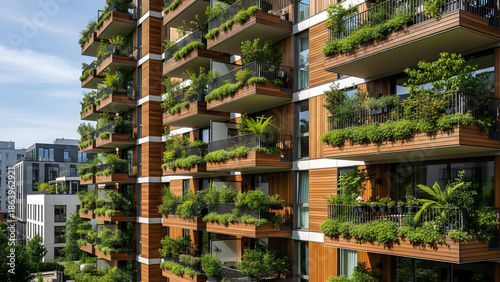 Modern residential architecture with greenery and wooden facade displayed on balconies