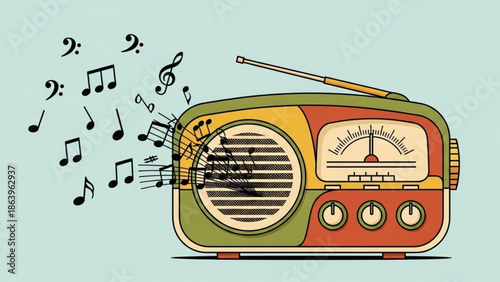Vintage Retro Radio Broadcasting Music with Antenna