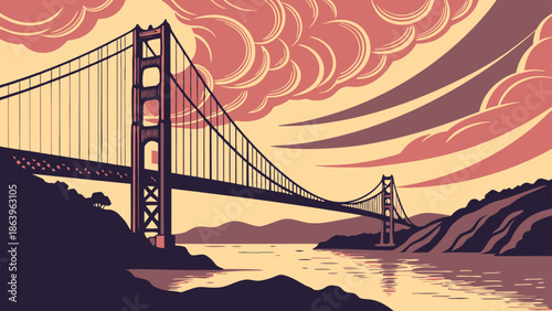 Golden Gate Bridge Sunset Art. Stylized San Francisco Landmark. Iconic USA Travel Scene with Warm Clouds and Water Reflection.