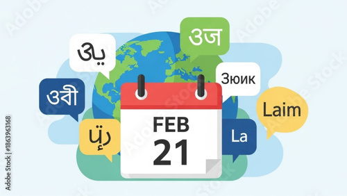 International Mother Language Day Calendar with Multilingual Text on Globe Background