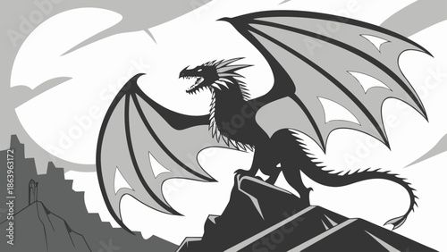 Powerful Dragon Roaring on Craggy Summit Drawing