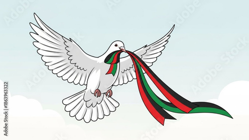 White Dove Flying with Kenyan Flag Ribbon in Beak against Cloudy Sky