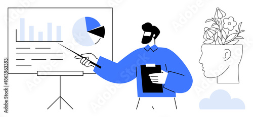Man presenting data graphics on board with pointer and clipboard, side profile of head with blooming plants. Ideal for creativity, leadership, growth, analytics, innovation, education, knowledge