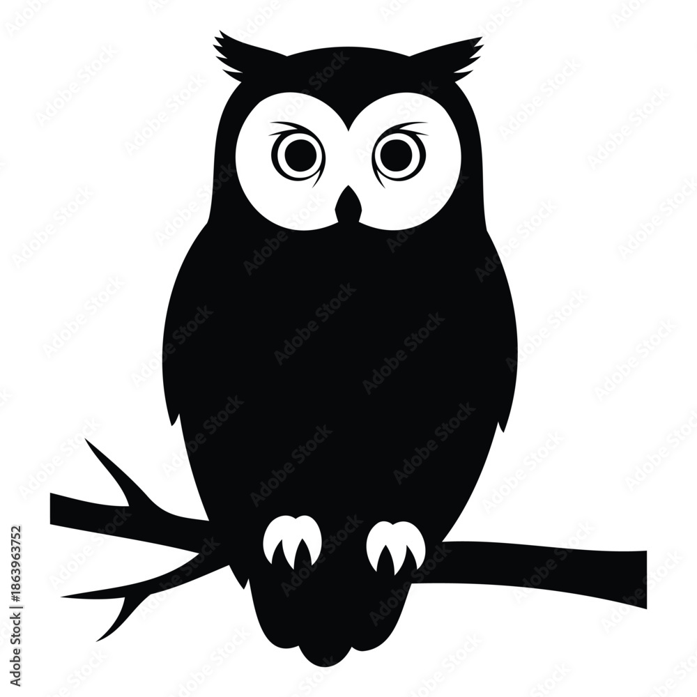 Obraz premium Black Owl Silhouette Perched on Branch Vector Illustration