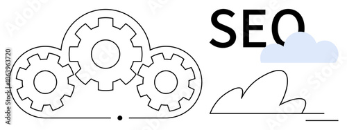 Cloud computing, digital marketing, SEO optimization, internet services, online strategy, technology concepts. Gears inside a cloud with SEO text and cloud shape. Cloud computing and digital