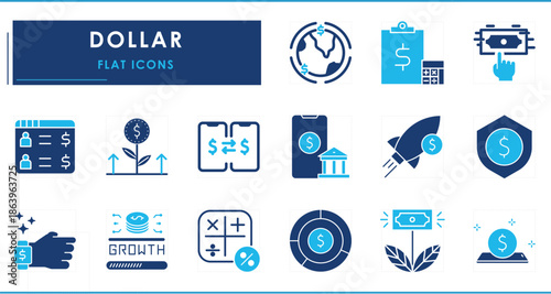 A set of flat icons related to Dollar. Currency, USD, pay, buy, trade, transfer, statement, and so on.