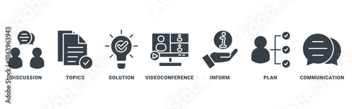 Meeting icon set vector concept with icon of discussion, topics, solutions, video conference, inform, plan, communication