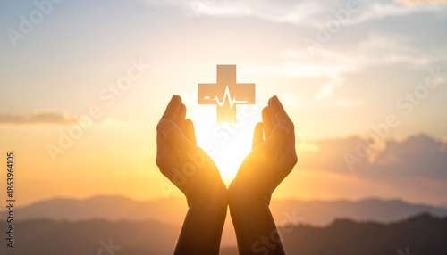 Hope and Healing: A pair of hands tenderly cradles a symbolic cross against a radiant sunset backdrop, representing faith, health, and a spiritual connection.