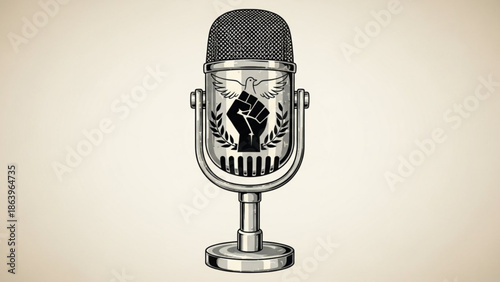 Vintage Microphone on Stand Isolated on Beige Background, Retro Style, Close-up