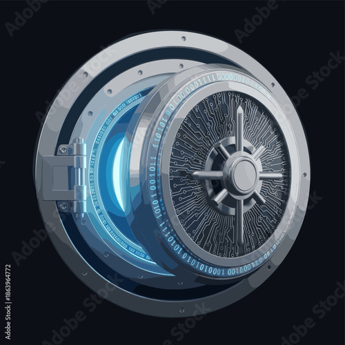 An open futuristic vault door with glowing blue light and digital circuit patterns on its surface.