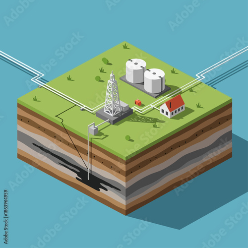 Isometric cross-section of an oil and gas drilling site with a rig, storage tanks, and pipelines showing underground layers.