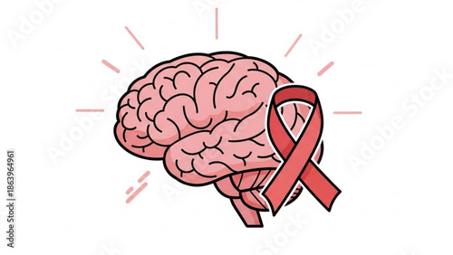 Brain Cancer Awareness with Red Ribbon Illustration