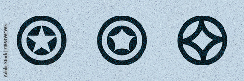 Abstract circular geometric star symbols set on gray halftone background.