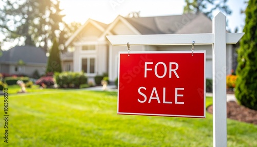 Suburban residential house sold with for sale sign, property market concept