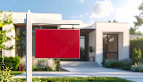For sale real estate concept with red blank yard sign and suburban home