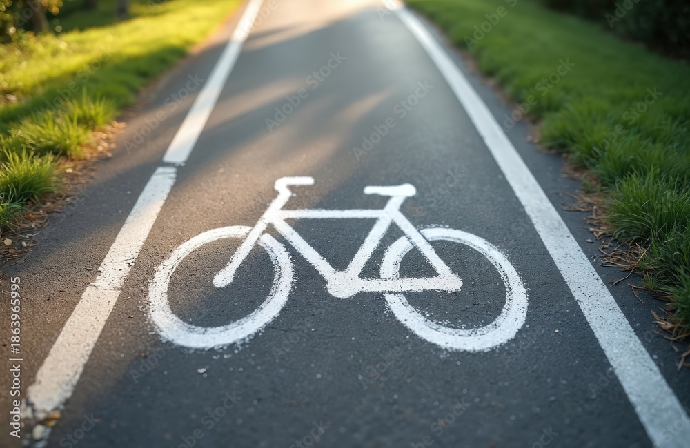 Fototapeta premium Bicycle lane marking on asphalt path. White bike symbol guides cyclists on empty road with green grass verge. Sunlit urban track for healthy eco travel.